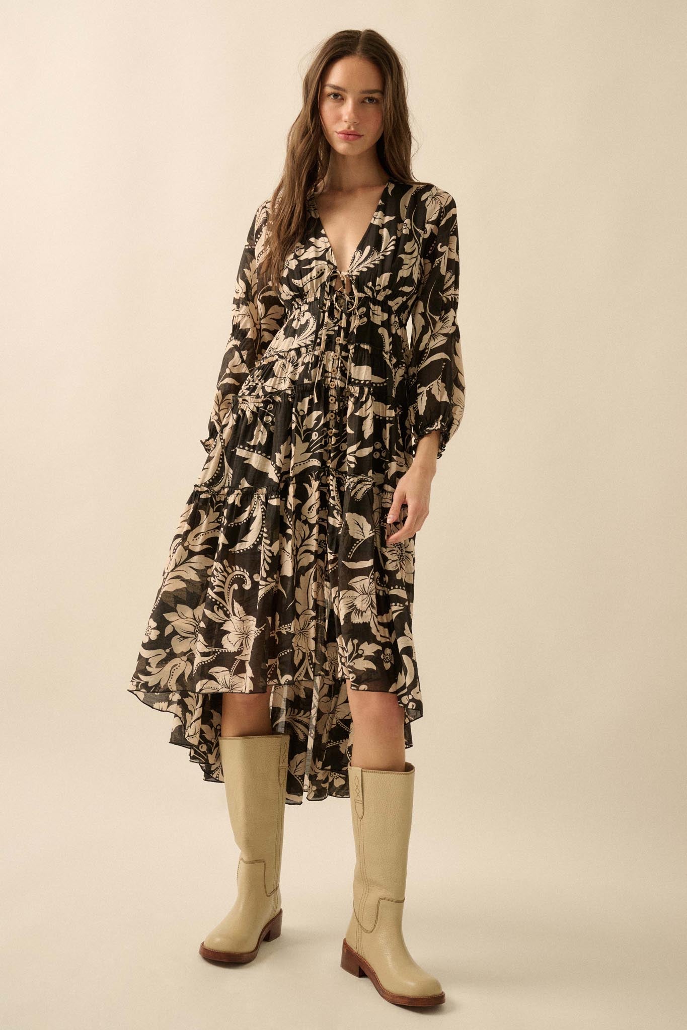 Bohemian Beauty Floral Chiffon Tiered Midi Dress