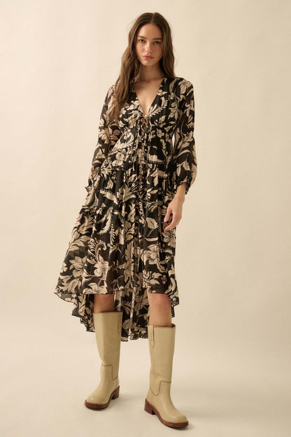 Bohemian Beauty Floral Chiffon Tiered Midi Dress