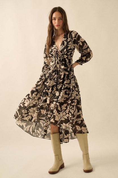 Bohemian Beauty Floral Chiffon Tiered Midi Dress