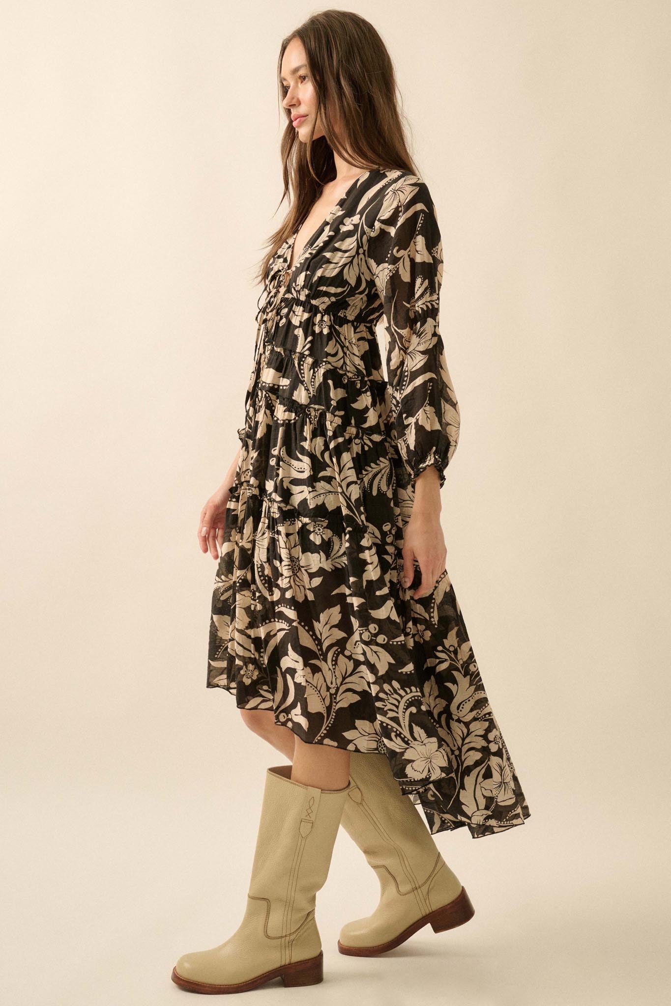 Bohemian Beauty Floral Chiffon Tiered Midi Dress
