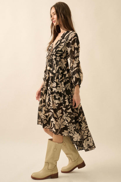 Bohemian Beauty Floral Chiffon Tiered Midi Dress
