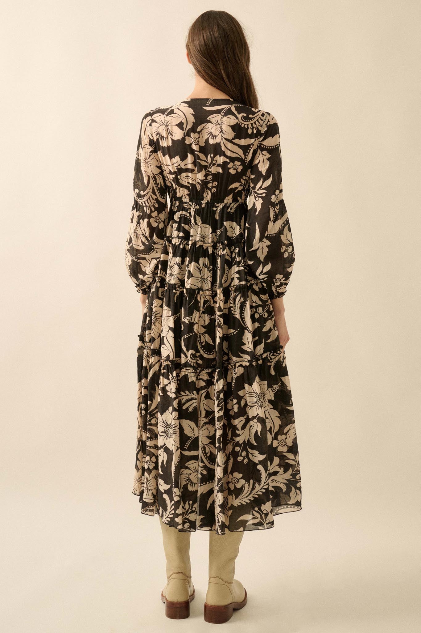 Bohemian Beauty Floral Chiffon Tiered Midi Dress