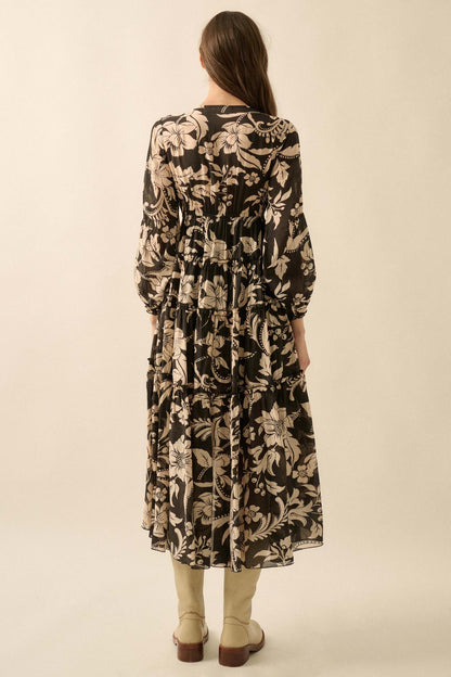 Bohemian Beauty Floral Chiffon Tiered Midi Dress
