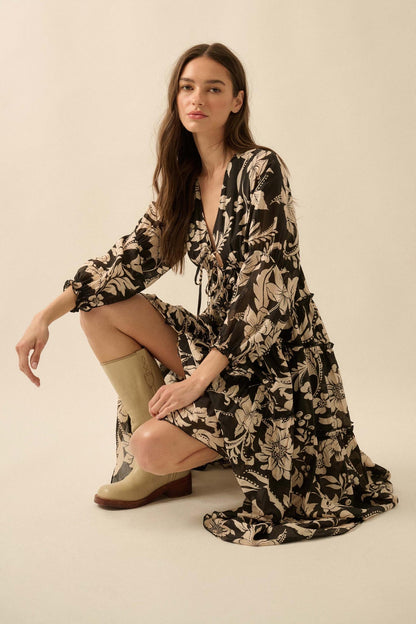 Bohemian Beauty Floral Chiffon Tiered Midi Dress