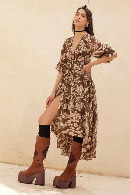 Bohemian Beauty Floral Chiffon Tiered Midi Dress
