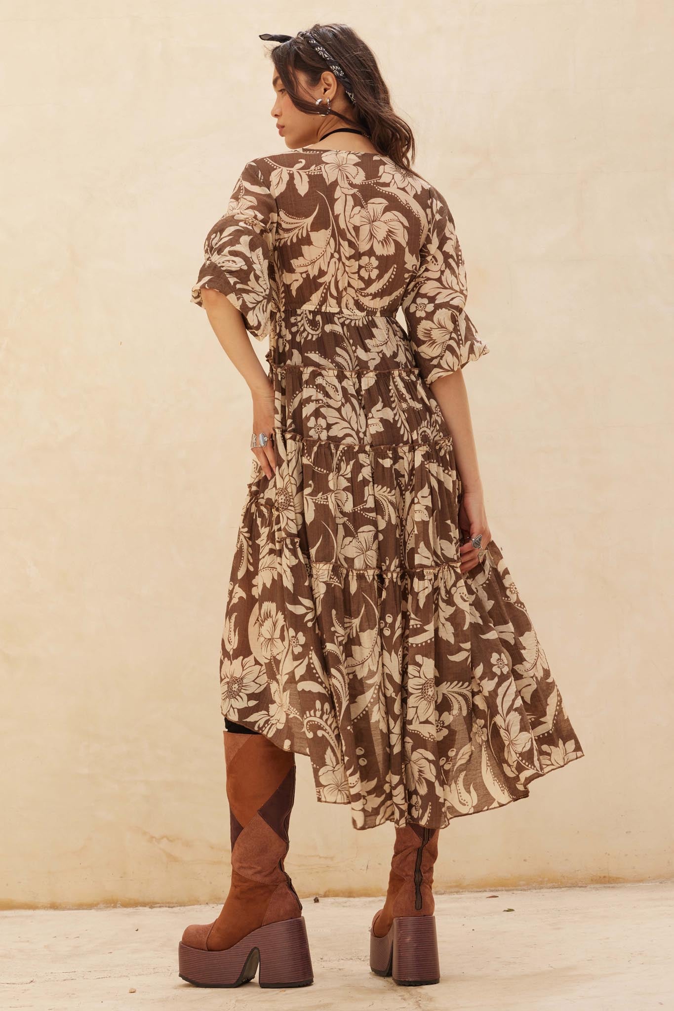 Bohemian Beauty Floral Chiffon Tiered Midi Dress