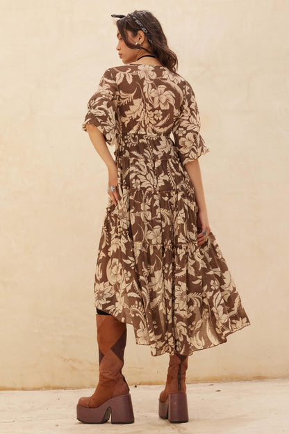 Bohemian Beauty Floral Chiffon Tiered Midi Dress