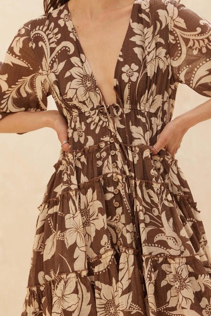 Bohemian Beauty Floral Chiffon Tiered Midi Dress