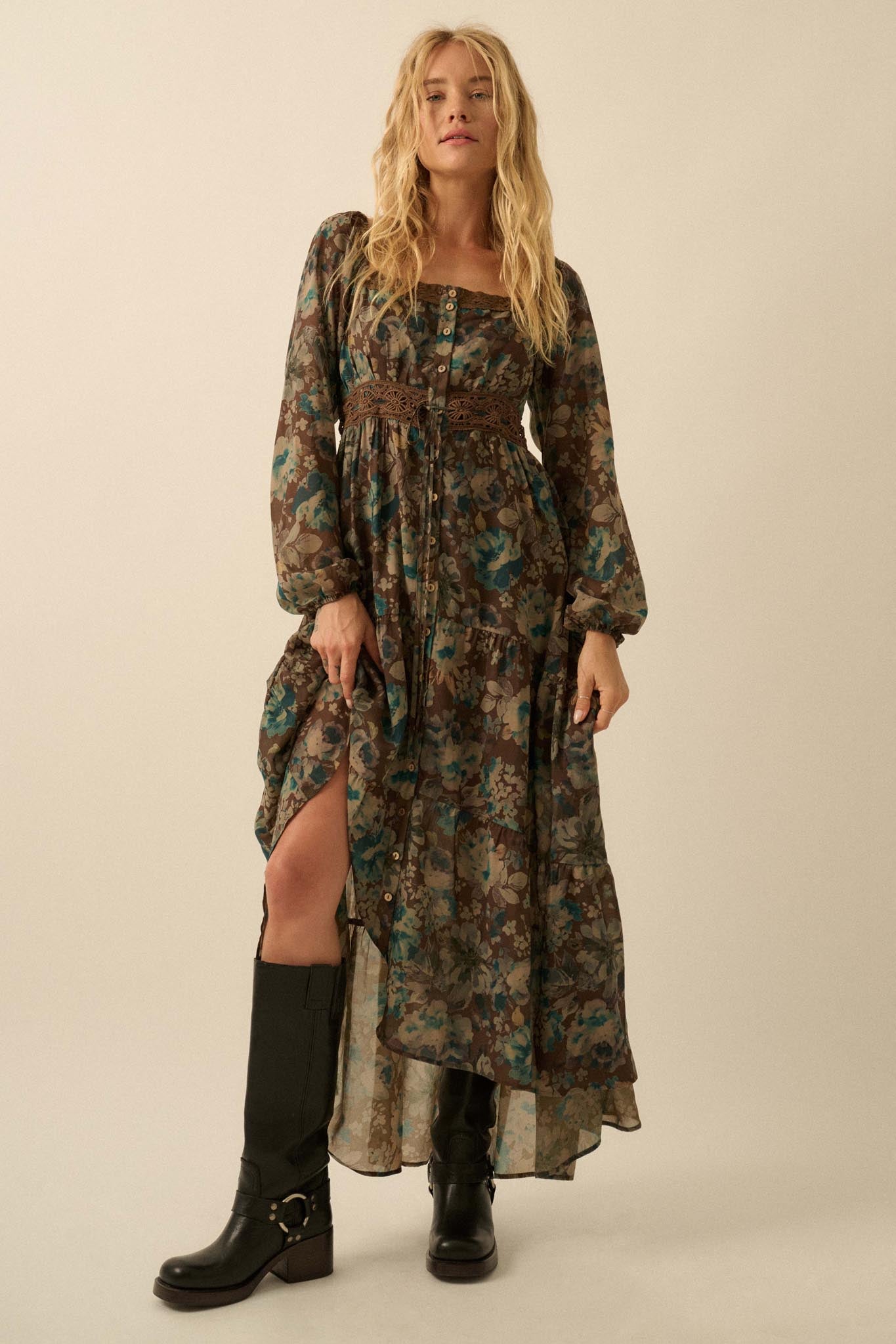 Misty Meadow Floral Button-Up Maxi Prairie Dress