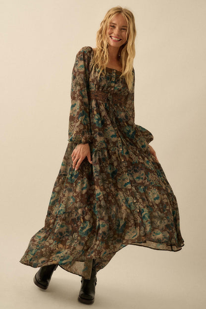 Misty Meadow Floral Button-Up Maxi Prairie Dress