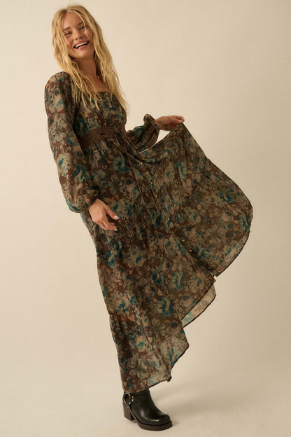 Misty Meadow Floral Button-Up Maxi Prairie Dress