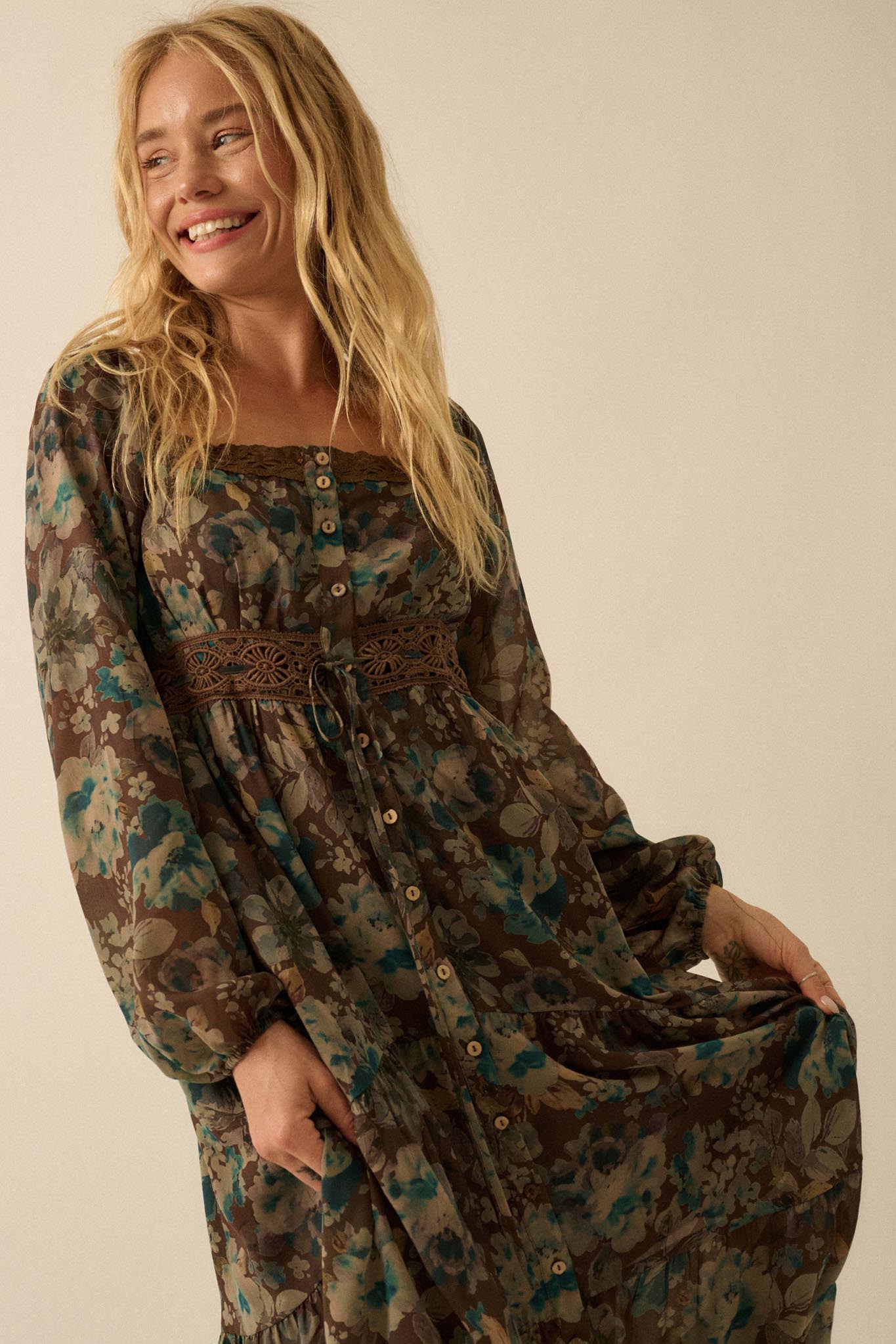 Misty Meadow Floral Button-Up Maxi Prairie Dress