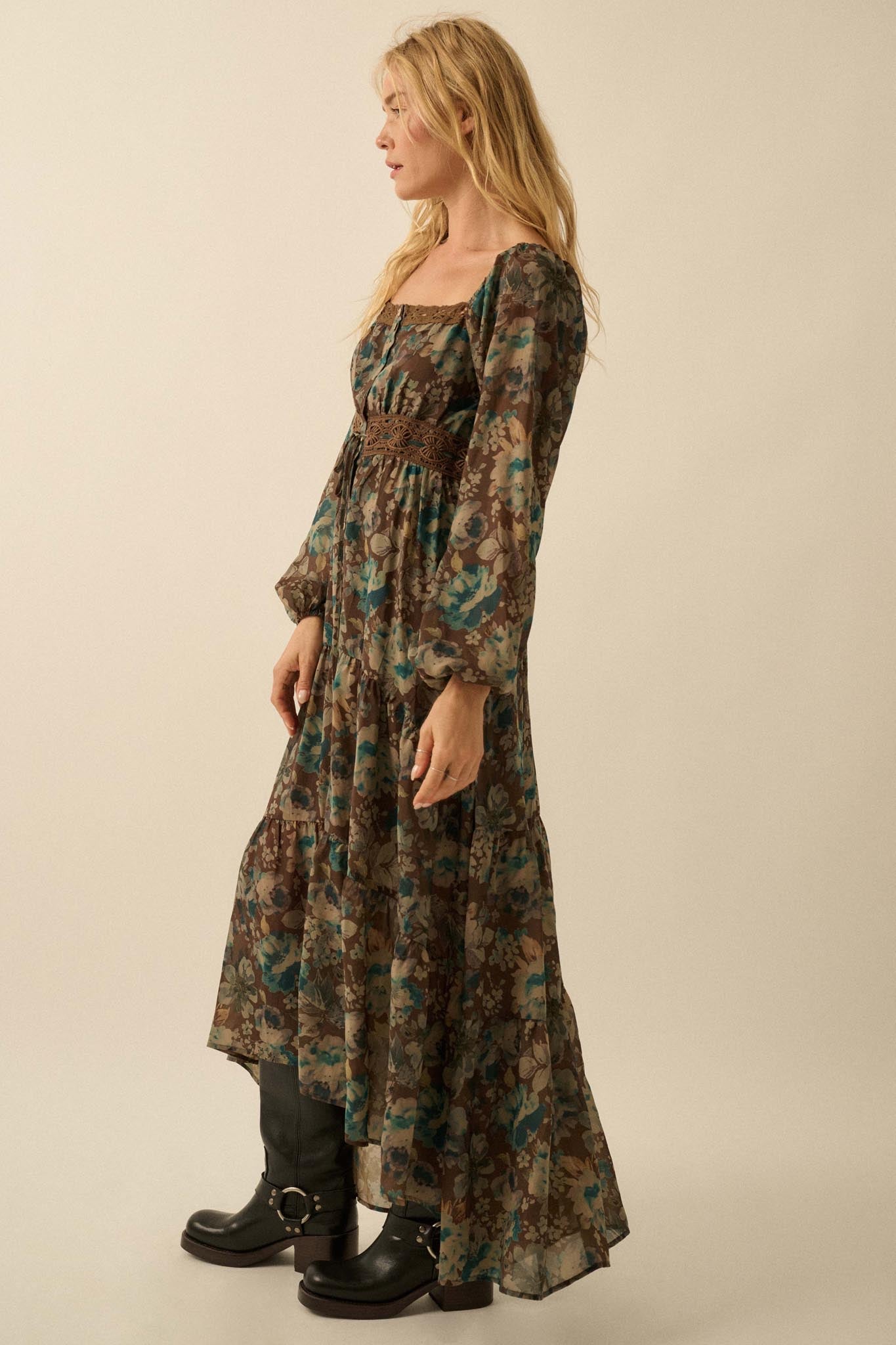 Misty Meadow Floral Button-Up Maxi Prairie Dress