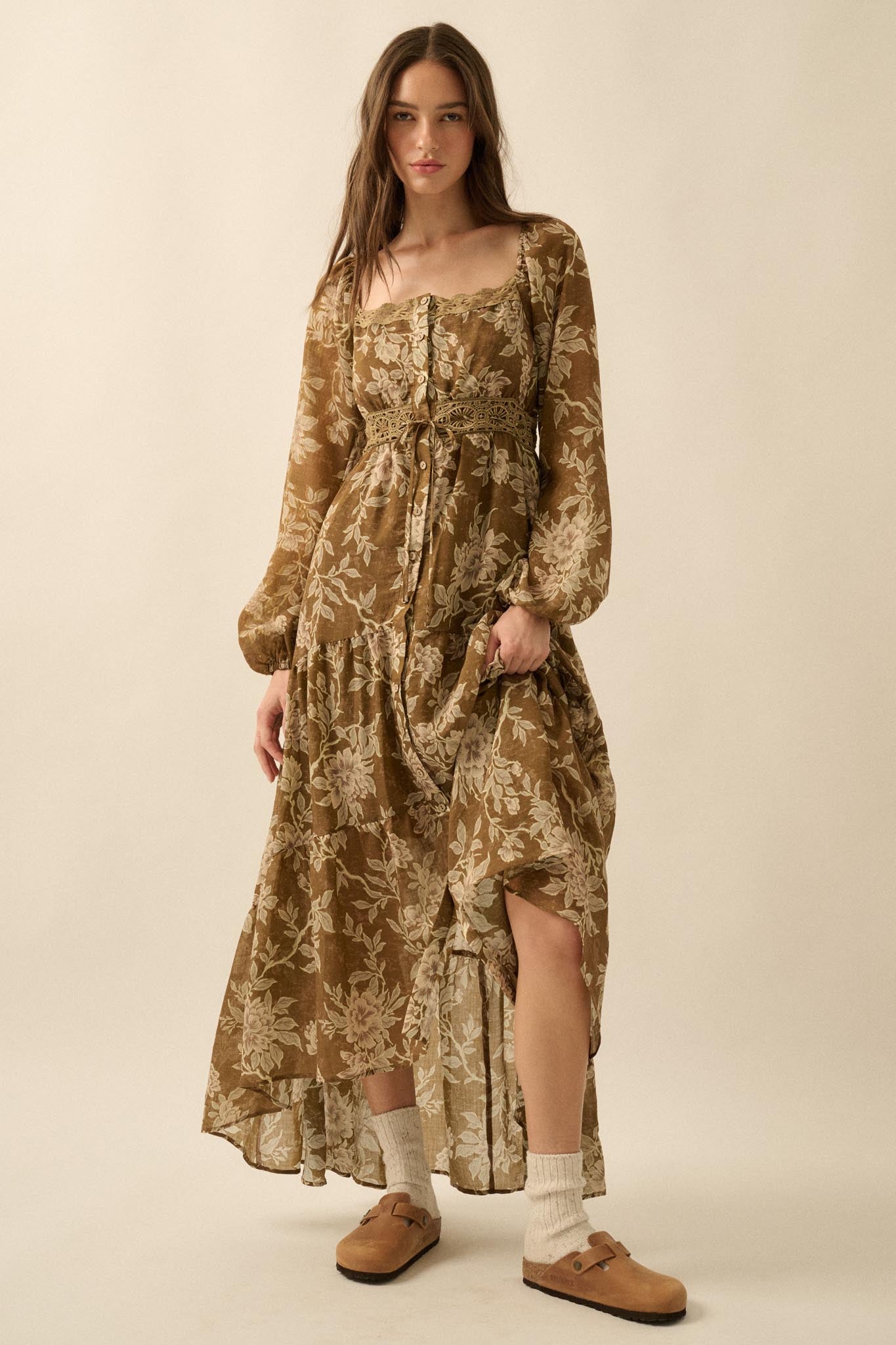 Garden Song Floral Button-Front Tiered Maxi Dress