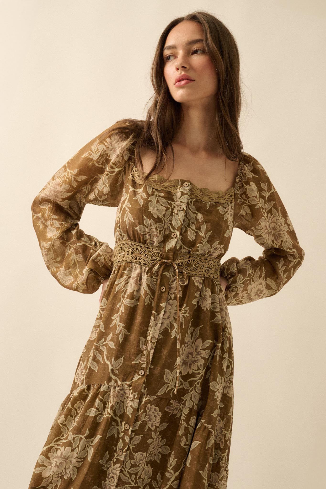 Garden Song Floral Button-Front Tiered Maxi Dress