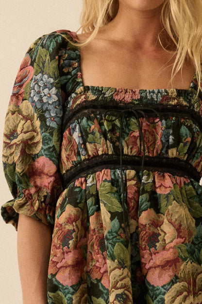 Dreamy Damask Floral Tapestry Babydoll Mini Dress