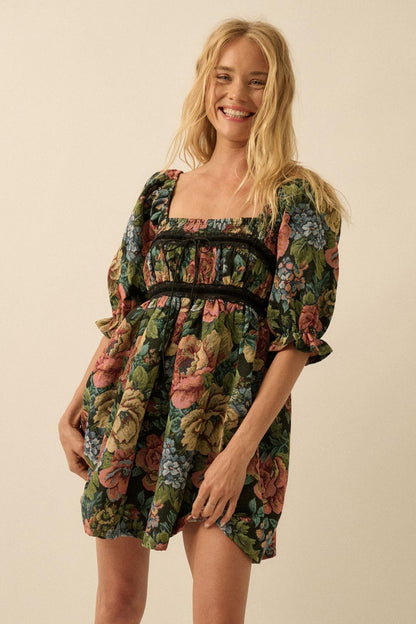 Dreamy Damask Floral Tapestry Babydoll Mini Dress