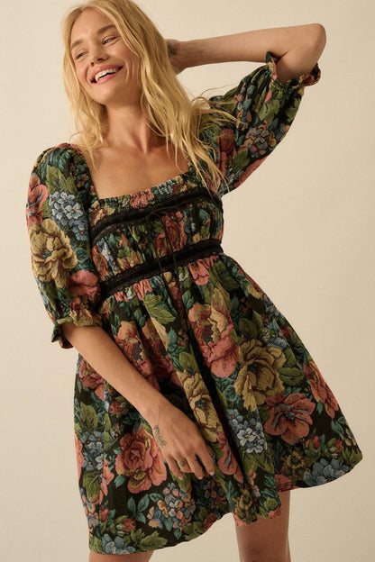Dreamy Damask Floral Tapestry Babydoll Mini Dress