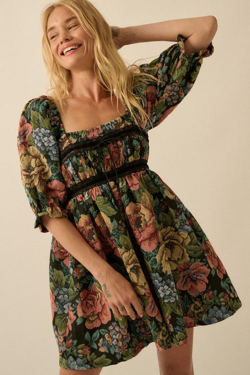 Dreamy Damask Floral Tapestry Babydoll Mini Dress
