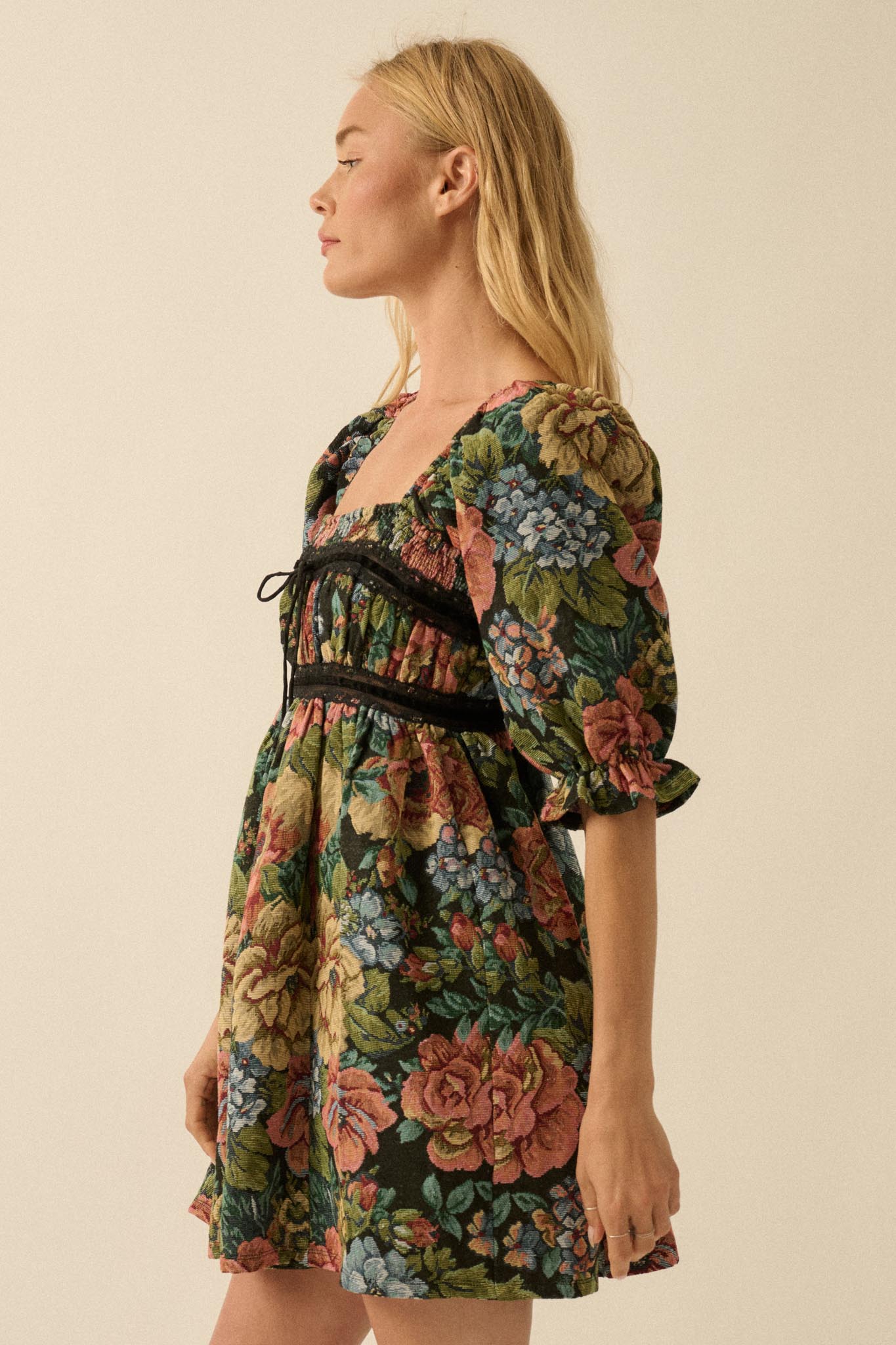 Dreamy Damask Floral Tapestry Babydoll Mini Dress