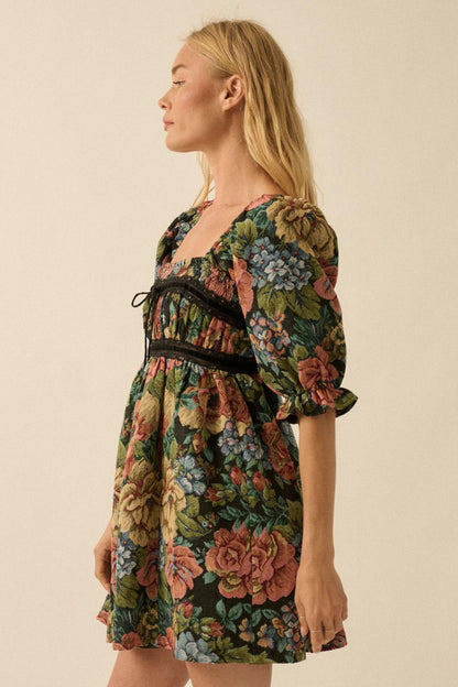 Dreamy Damask Floral Tapestry Babydoll Mini Dress