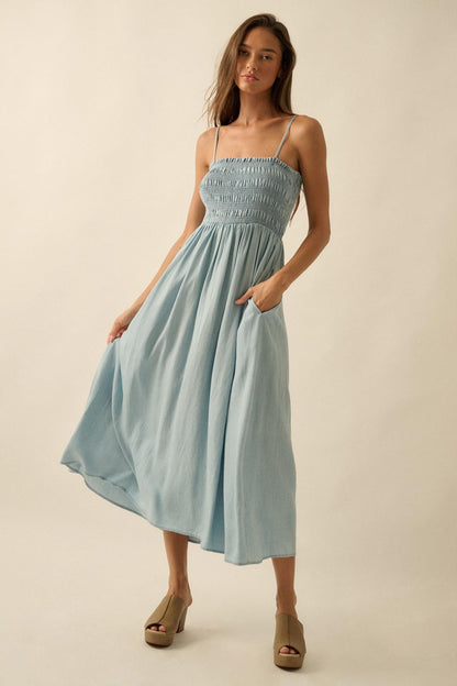 Beauty in Blue Smocked Denim Pocket Midi Dress