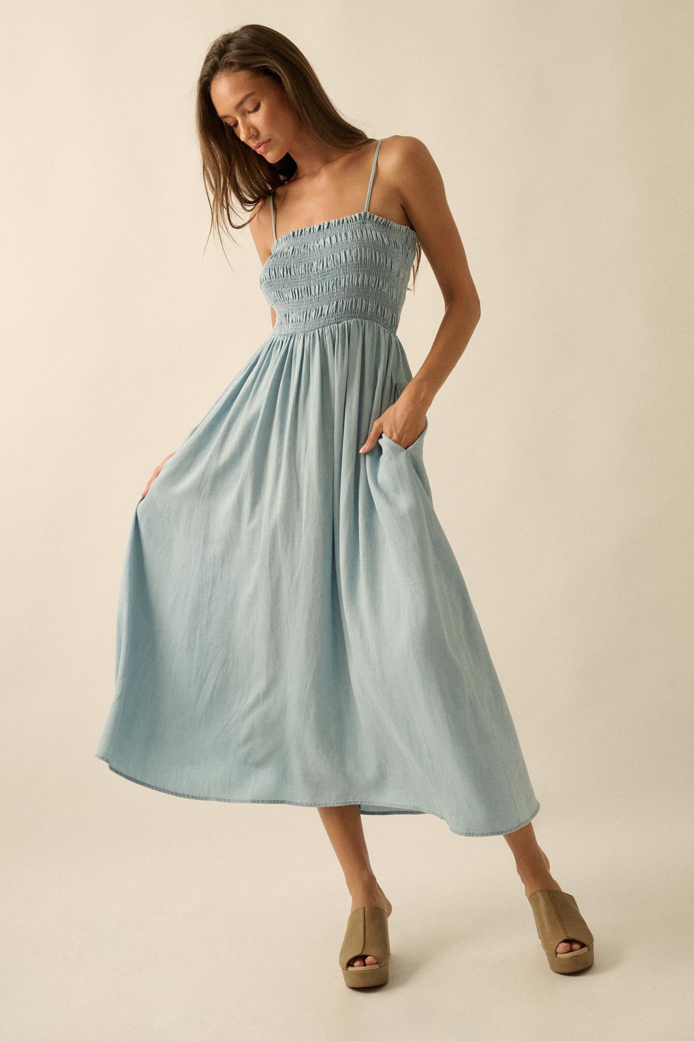 Beauty in Blue Smocked Denim Pocket Midi Dress
