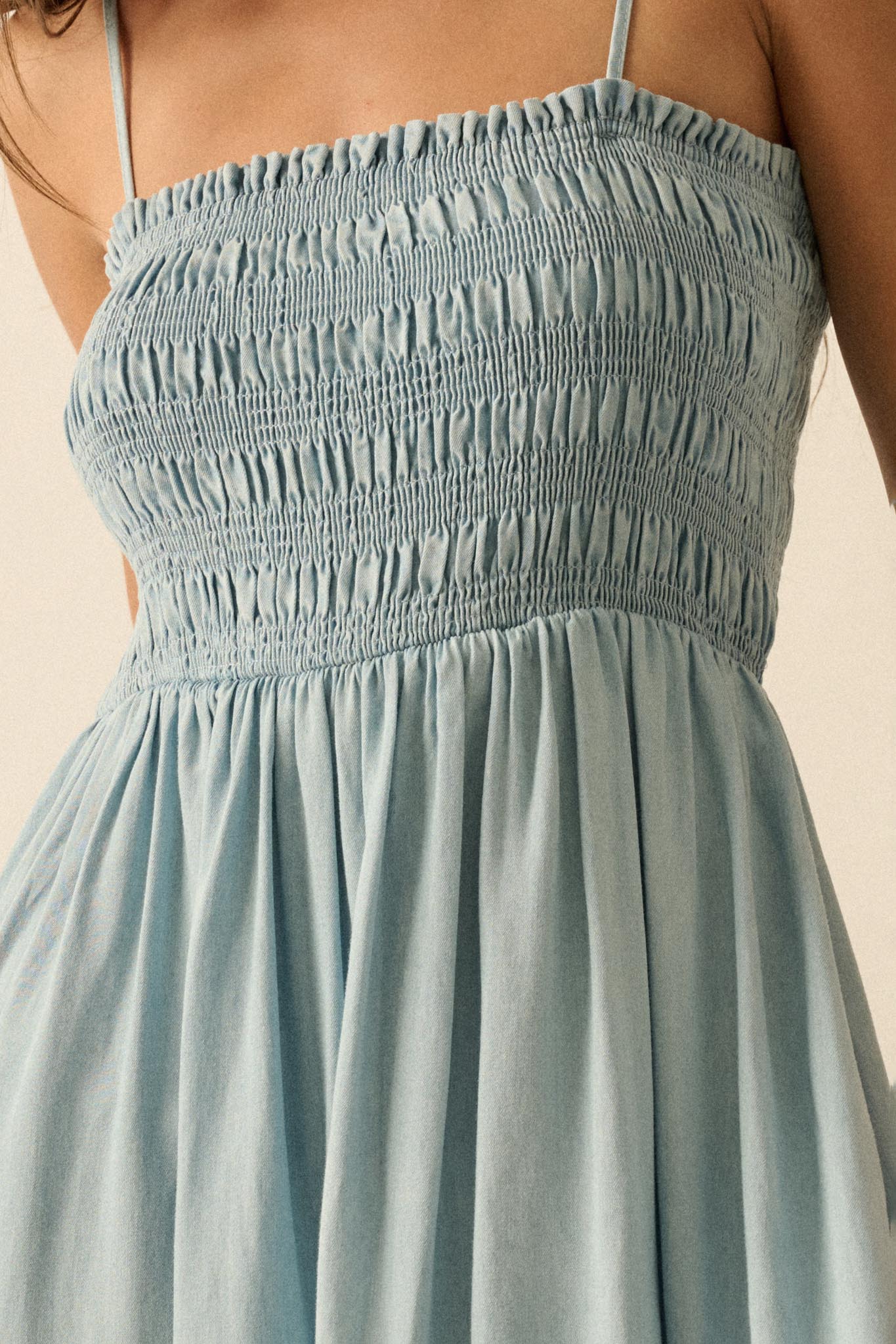 Beauty in Blue Smocked Denim Pocket Midi Dress