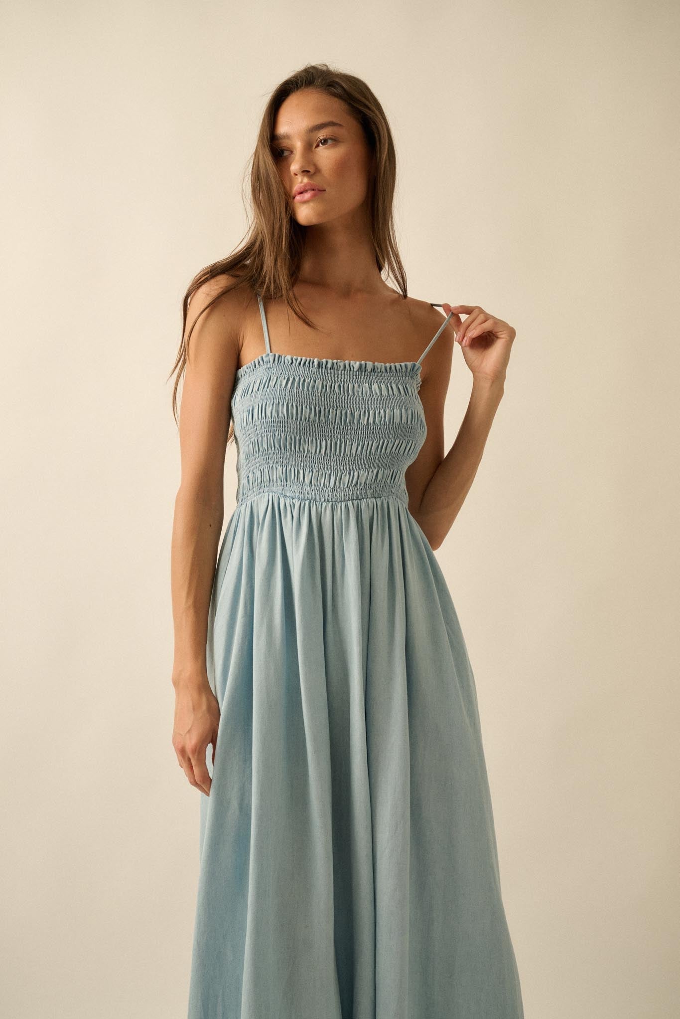 Beauty in Blue Smocked Denim Pocket Midi Dress