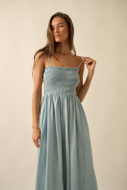 Beauty in Blue Smocked Denim Pocket Midi Dress