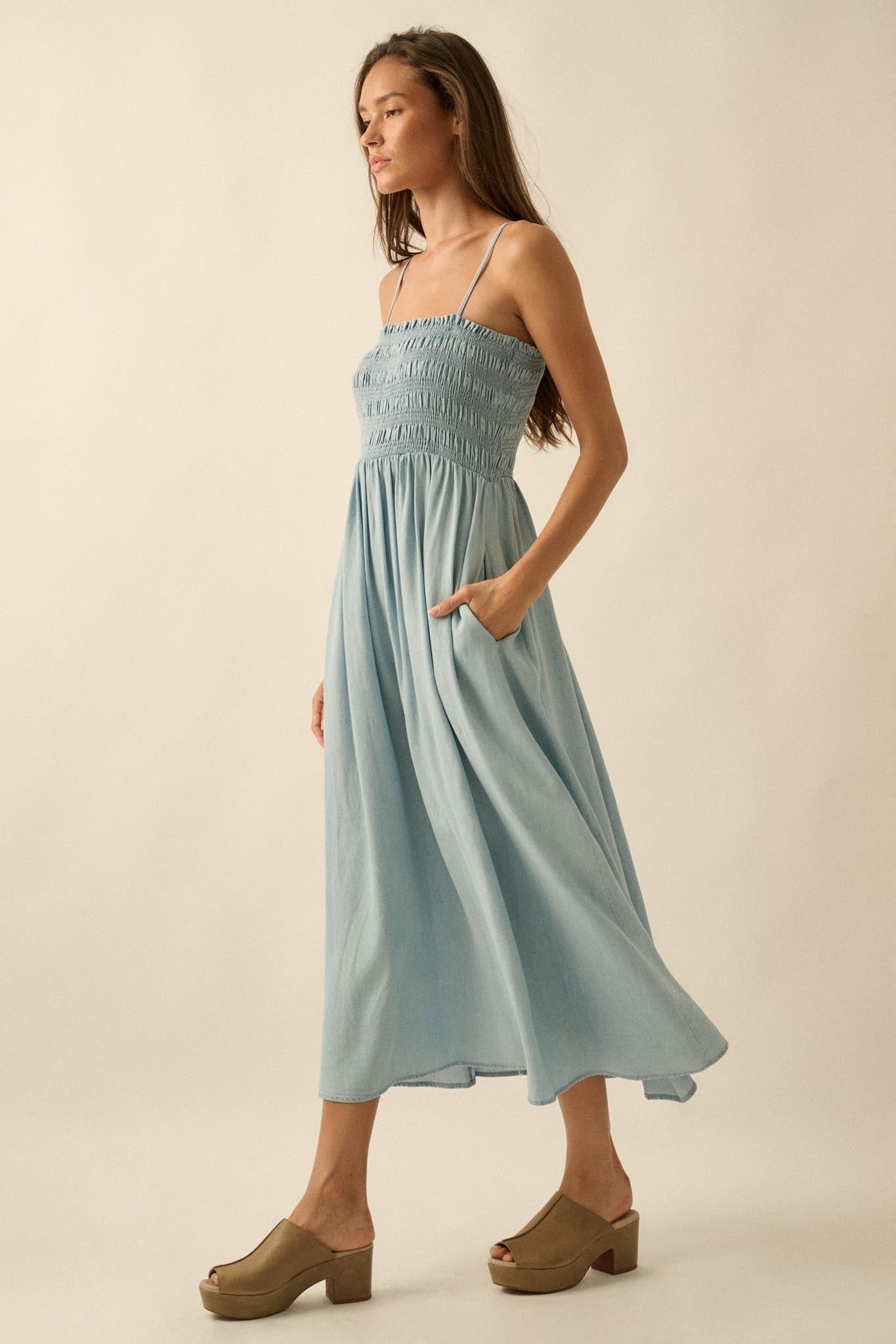 Beauty in Blue Smocked Denim Pocket Midi Dress