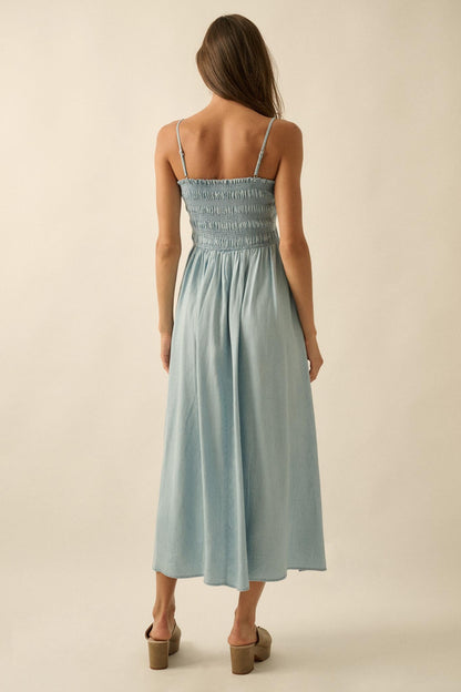 Beauty in Blue Smocked Denim Pocket Midi Dress