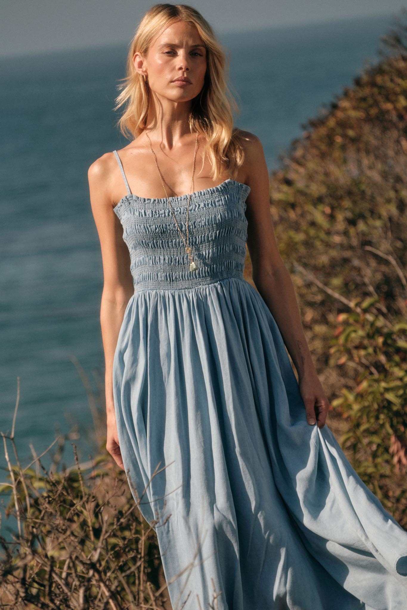Beauty in Blue Smocked Denim Pocket Midi Dress