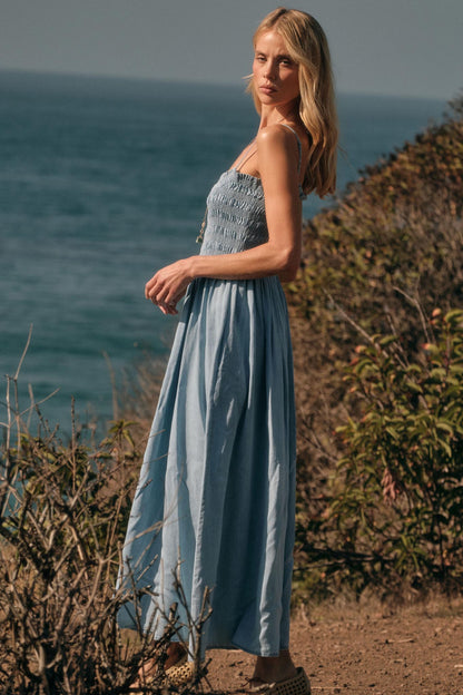 Beauty in Blue Smocked Denim Pocket Midi Dress