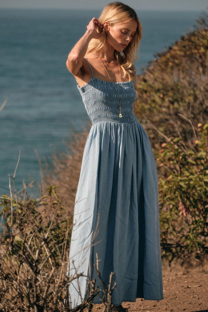 Beauty in Blue Smocked Denim Pocket Midi Dress