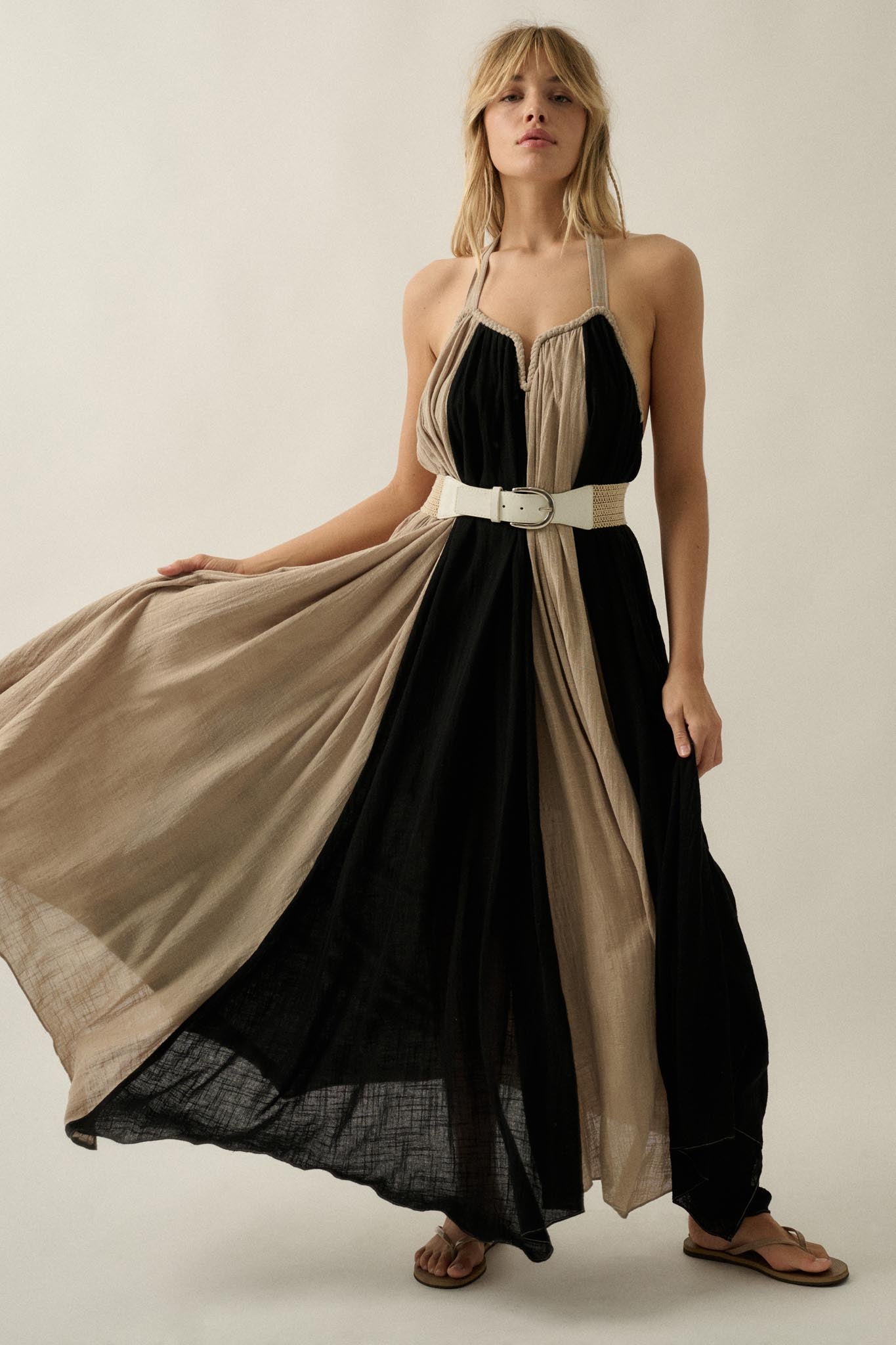 Let It Flow Colorblock Gauze Halter Maxi Dress
