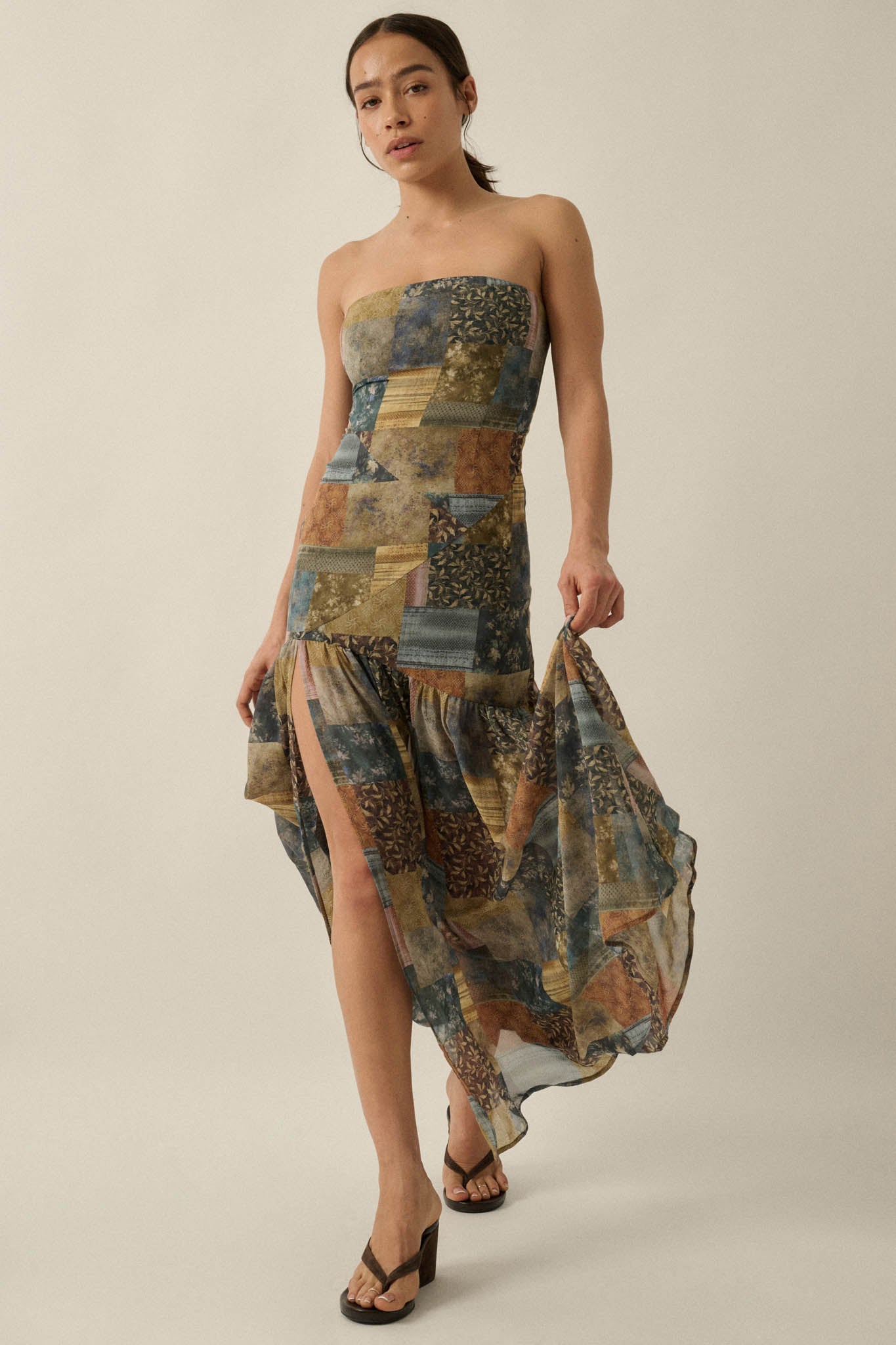 Mixed Signals Patchwork-Print Strapless Maxi Dress