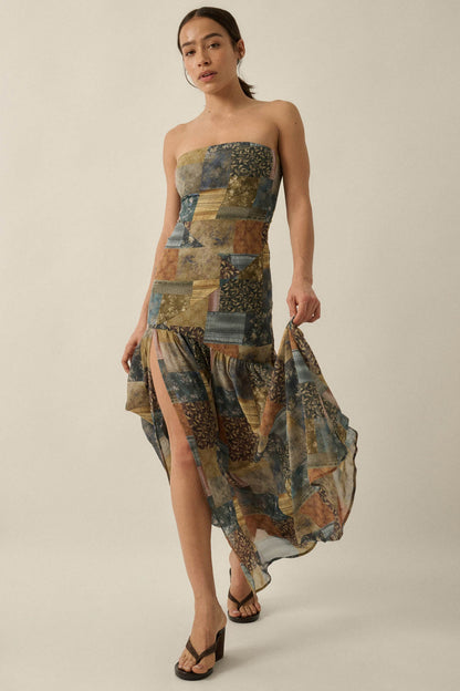 Mixed Signals Patchwork-Print Strapless Maxi Dress