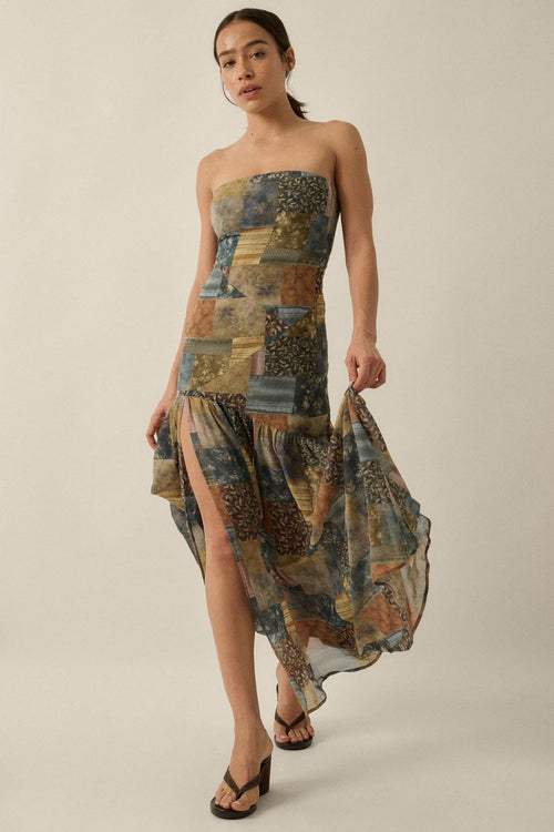 Mixed Signals Patchwork-Print Strapless Maxi Dress