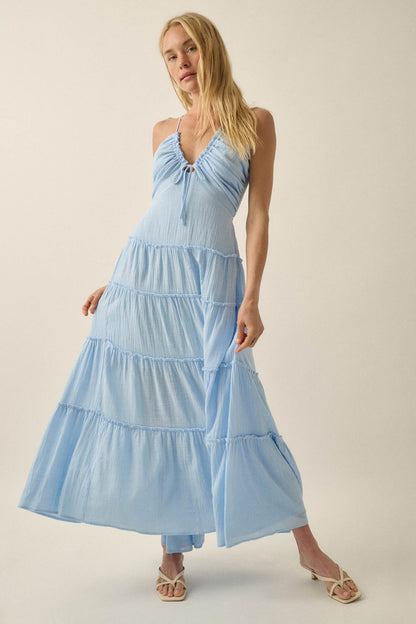 Soft Breeze Cotton Gauze Tiered Halter Maxi Dress