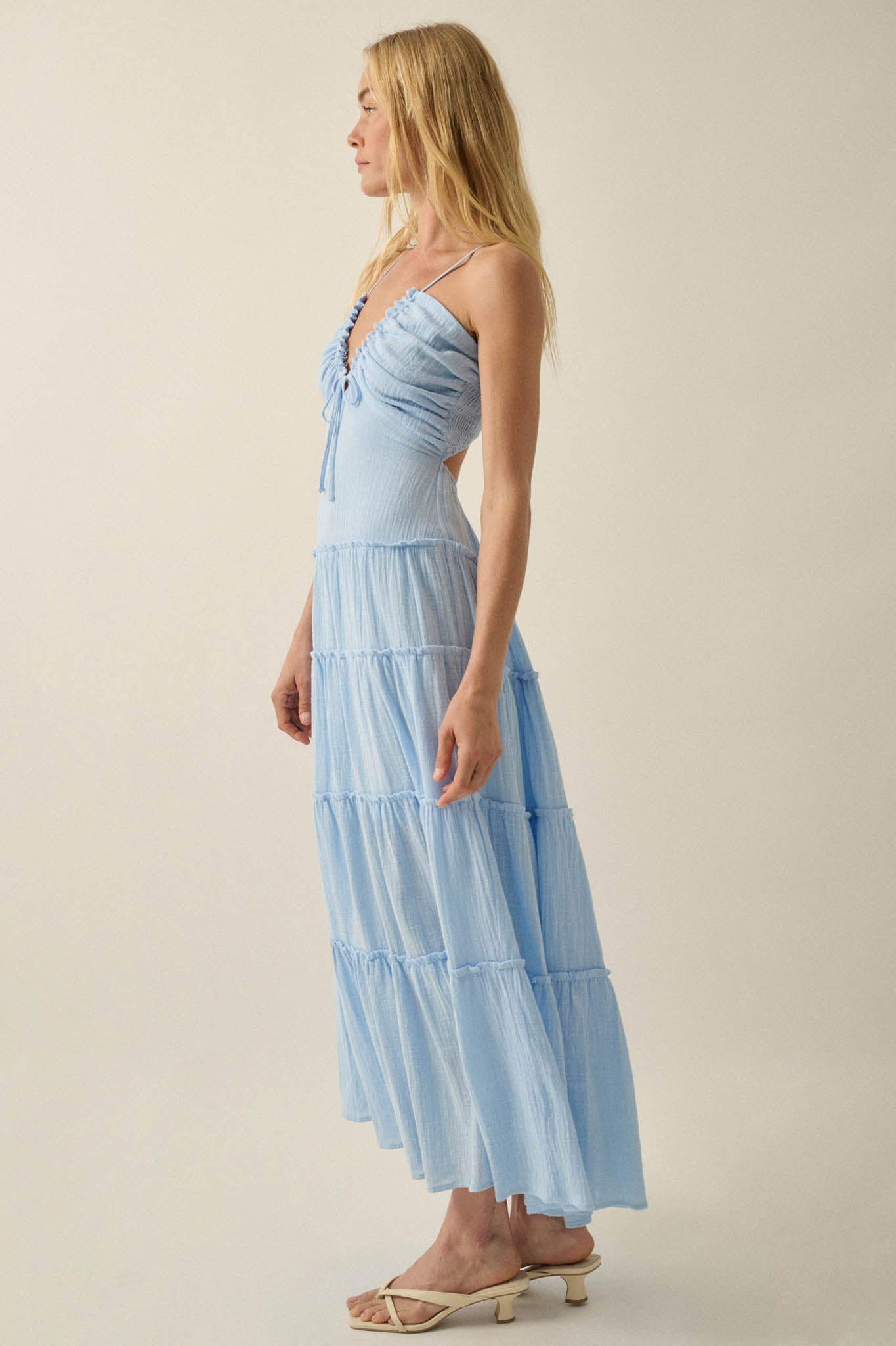 Soft Breeze Cotton Gauze Tiered Halter Maxi Dress
