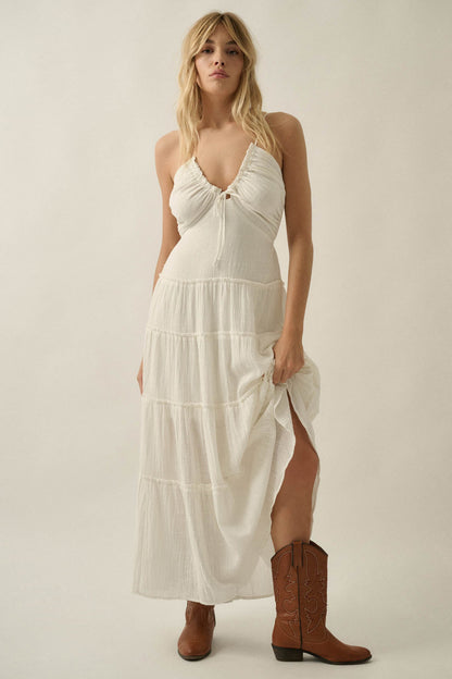 Soft Breeze Cotton Gauze Tiered Halter Maxi Dress