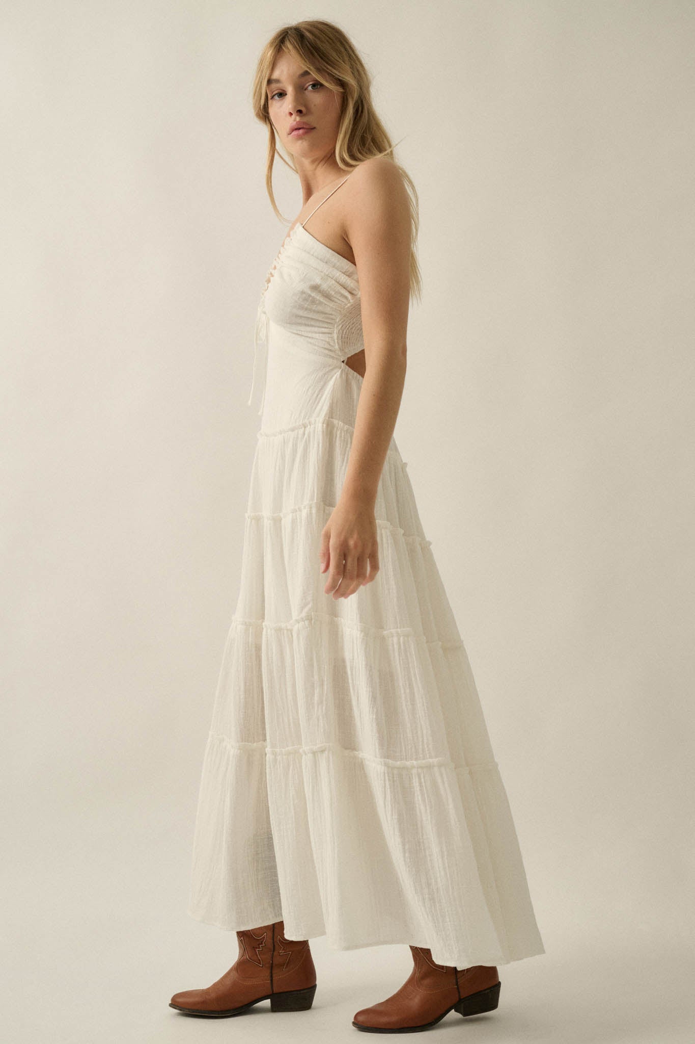 Soft Breeze Cotton Gauze Tiered Halter Maxi Dress