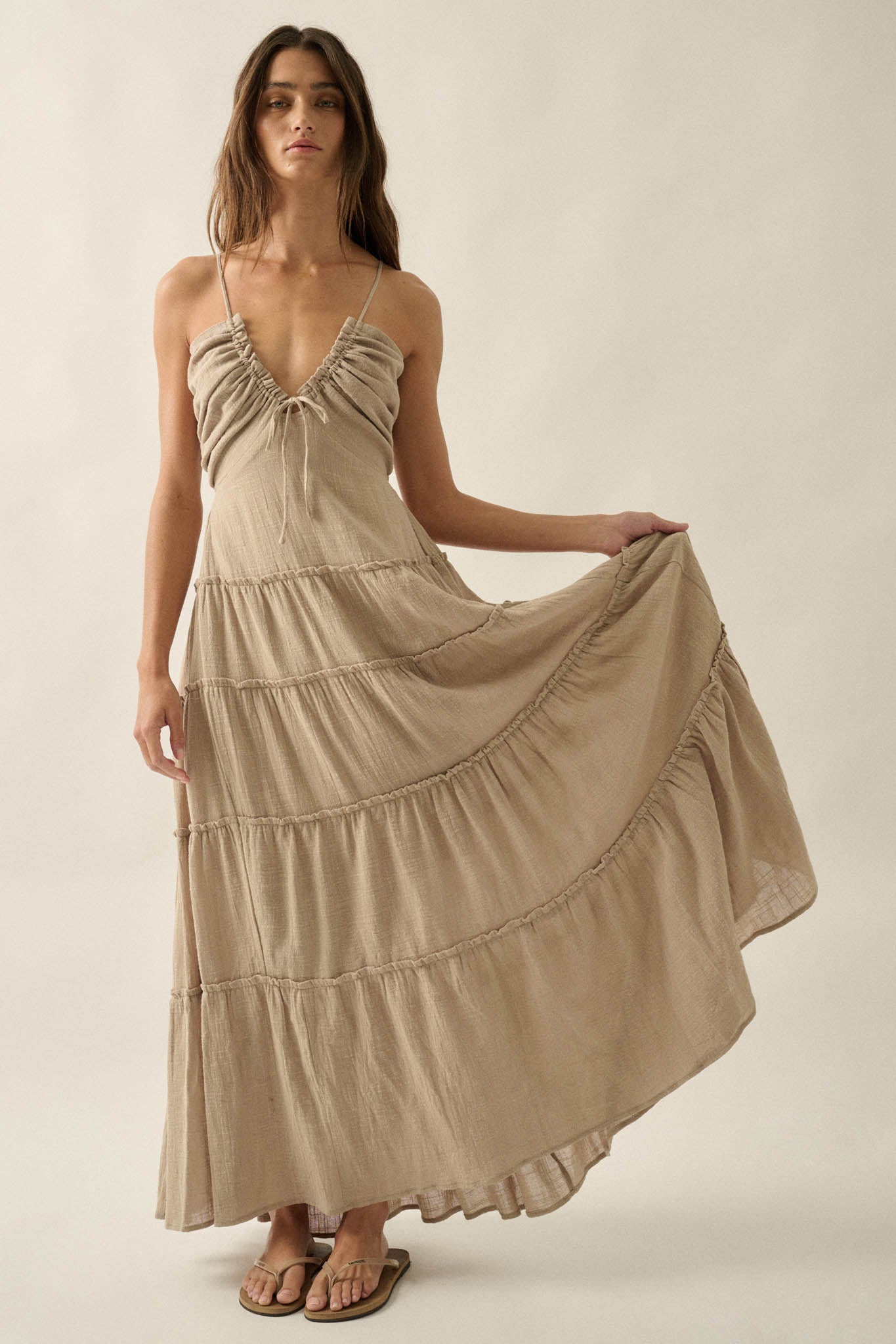 Soft Breeze Cotton Gauze Tiered Halter Maxi Dress