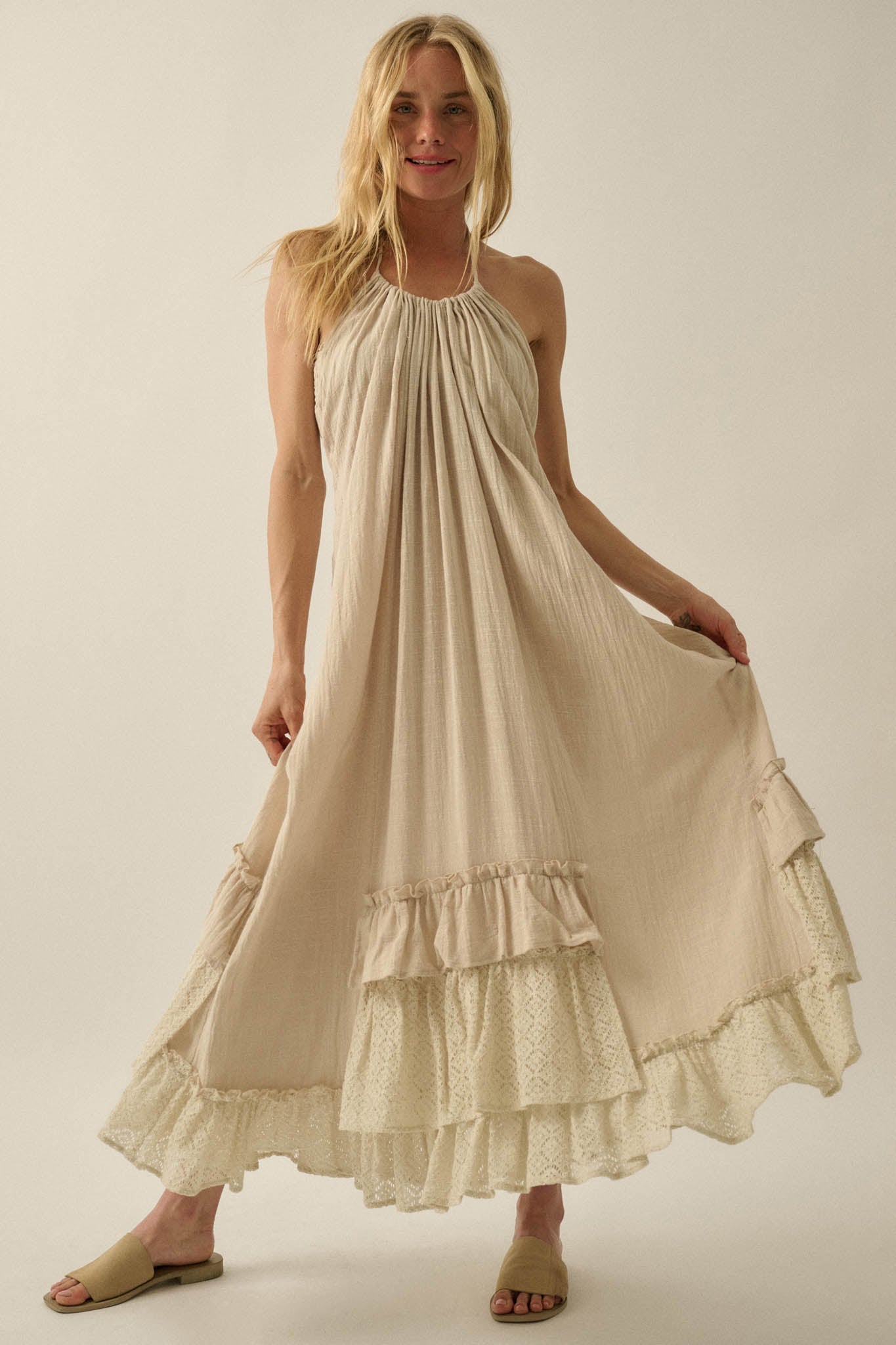 Roaming Free Cotton Gauze and Lace Maxi Dress