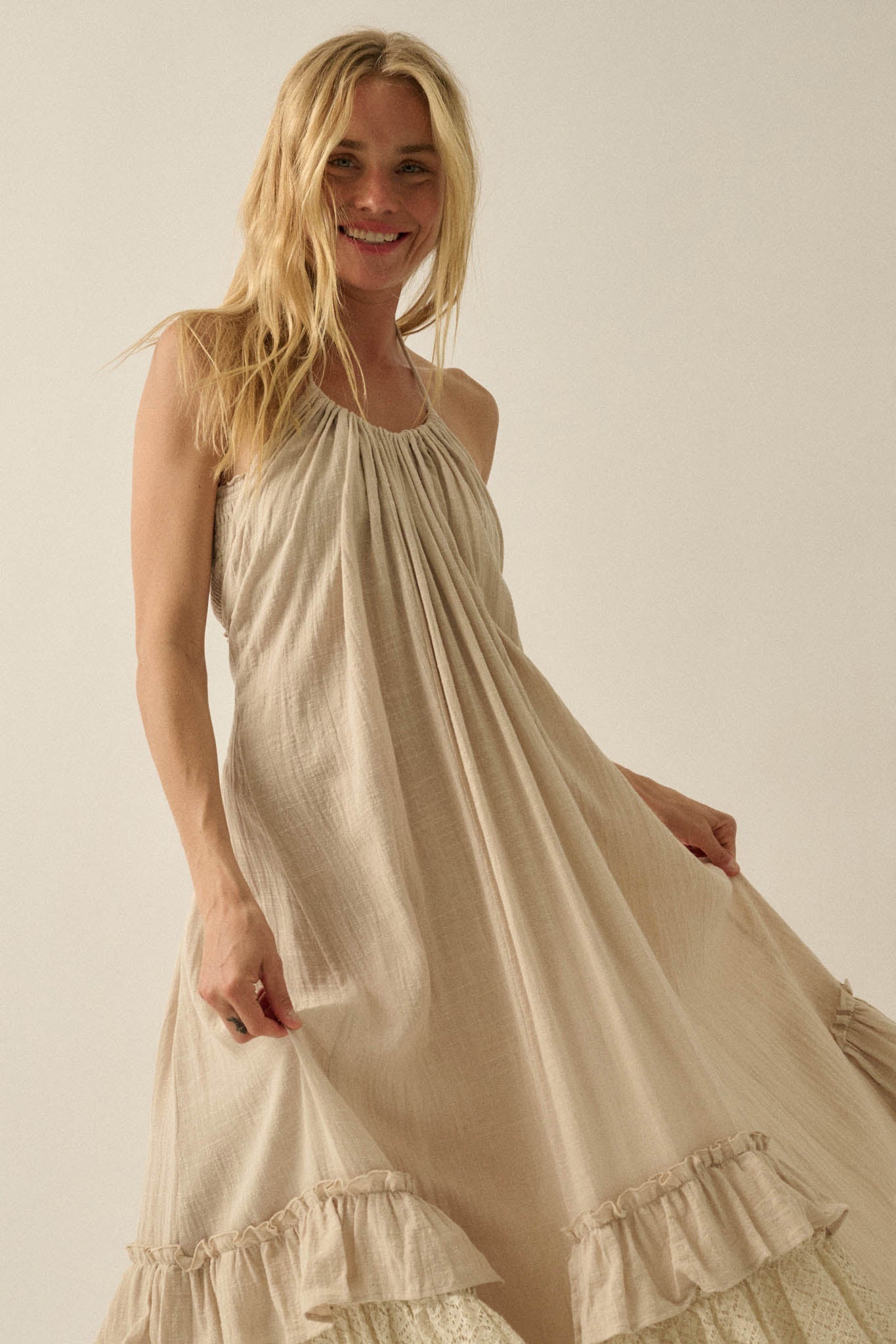 Roaming Free Cotton Gauze and Lace Maxi Dress