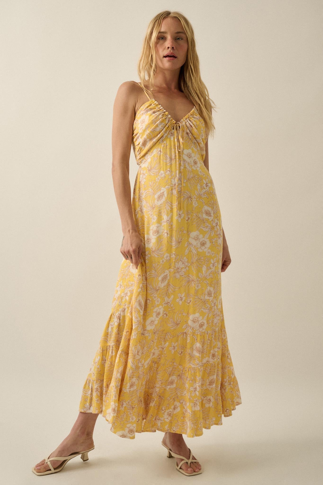 Cherished Blossoms Floral Crepe Halter Maxi Dress