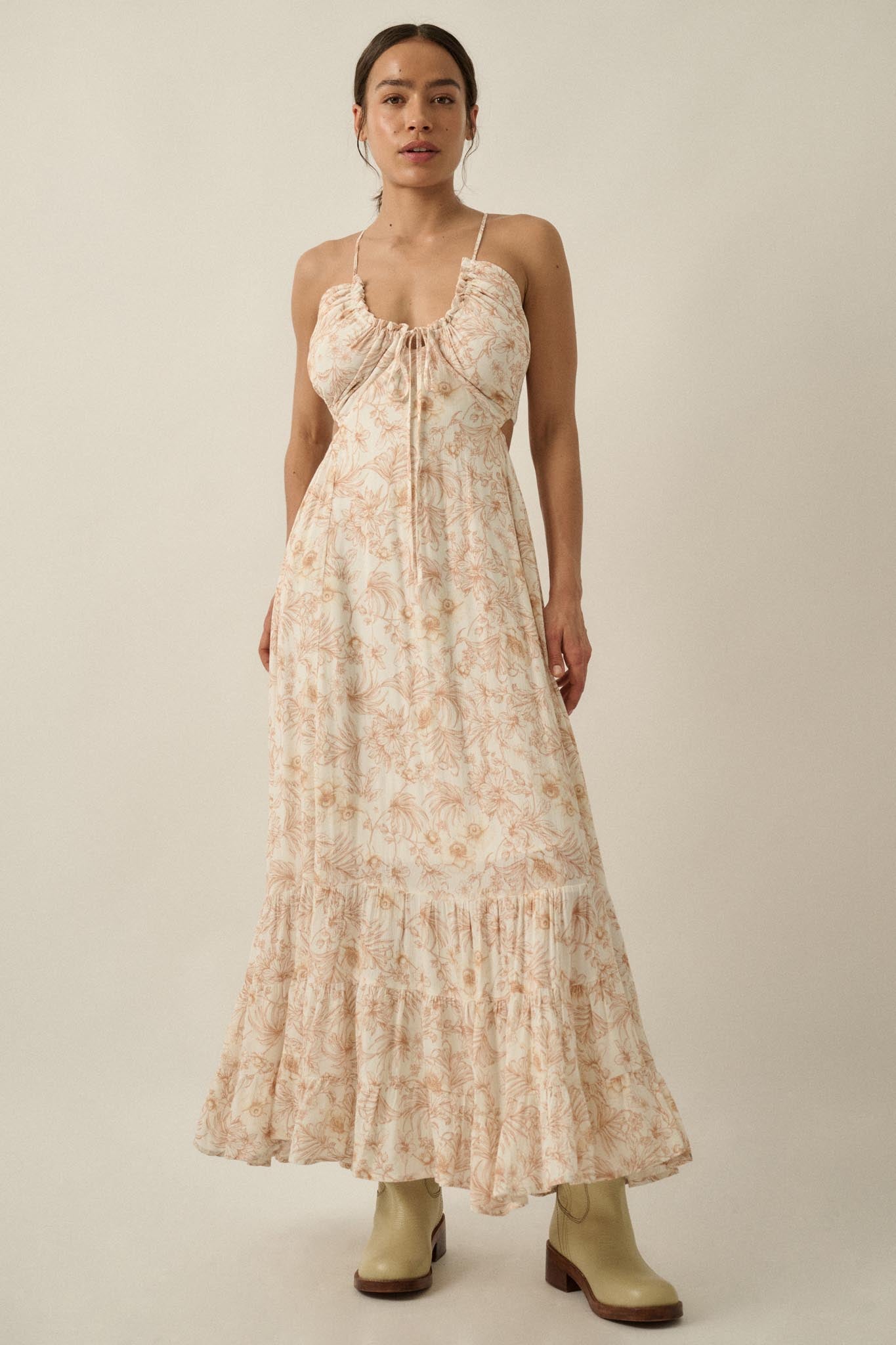 Cherished Blossoms Floral Crepe Halter Maxi Dress