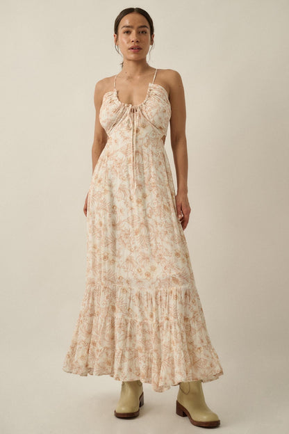 Cherished Blossoms Floral Crepe Halter Maxi Dress