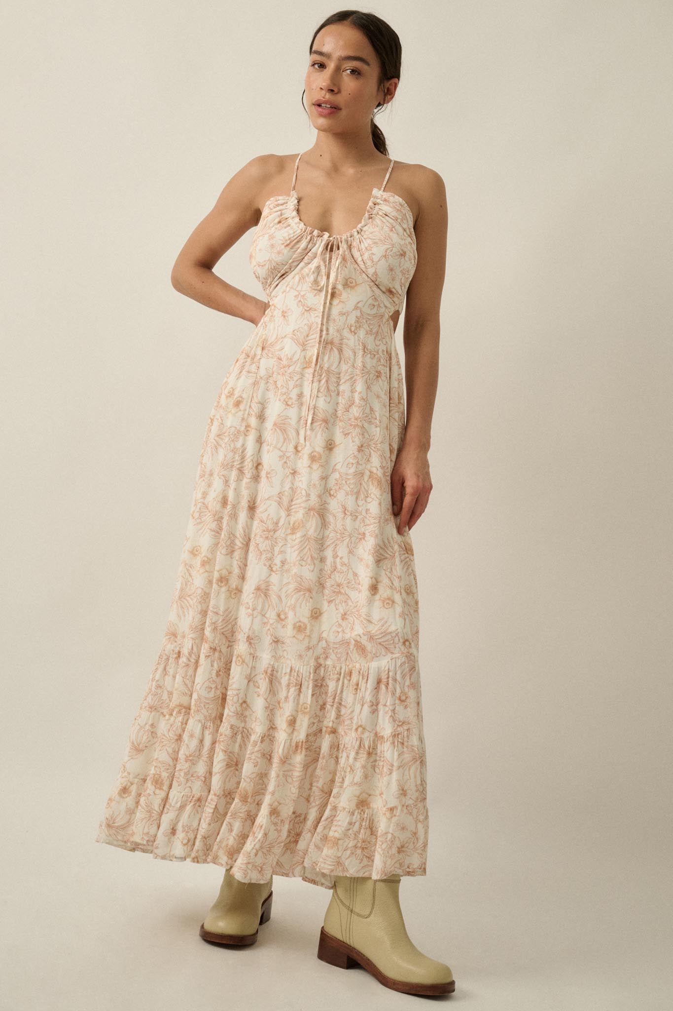 Cherished Blossoms Floral Crepe Halter Maxi Dress